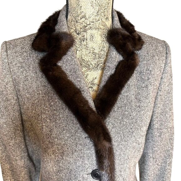 Algo Couture Gray Tweed Skirt Suit Mink Fur Trim Collar Cuffs Wool Silk Blend 8 - Picture 1 of 15